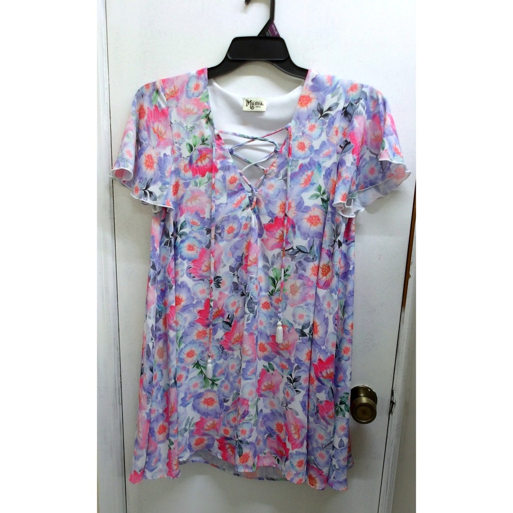 Show Me Your Mumu Floral Lace Up Tassel Mini Dress Purple Pink Orange S /#26812